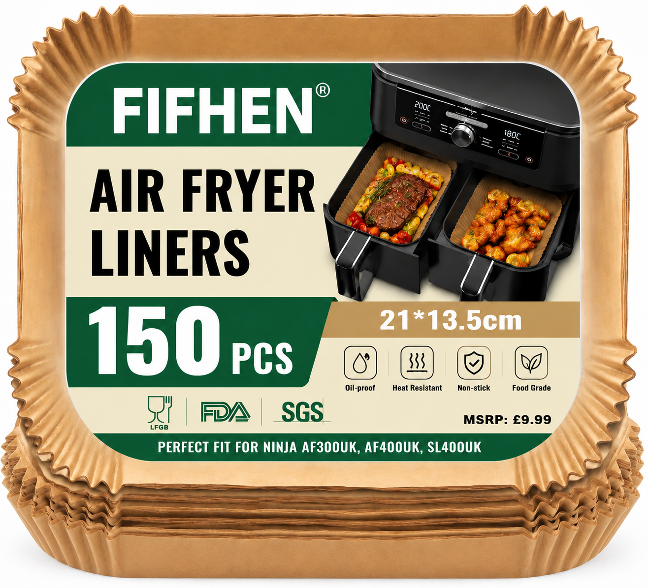 150PC Air Fryer Liners for Ninja Dual, FIFHEN Parchment Paper Air Fryer Liners Disposable, Air Fryer AF300UK AF400UK SL400UK Accessories Compatible with Ninja, Keplin, Tower, Other Dual Zone Air Fryer